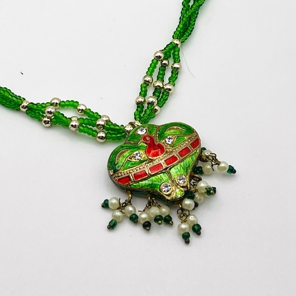 Gorgeous Green Bollywood Style Indian Necklace Handcrafted Enamel Seed Beads - Picture 14 of 16